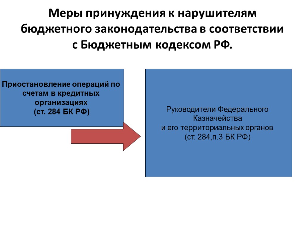 Меры принуждения к нарушителям бюджетного законодательства в соответствии с Бюджетным кодексом РФ. Приостановление операций